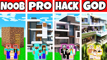 Minecraft: FAMILY LUXURY MODERN HOUSE BUILD CHALLENGE - NOOB vs PRO vs HACKER vs GOD in Minecraft