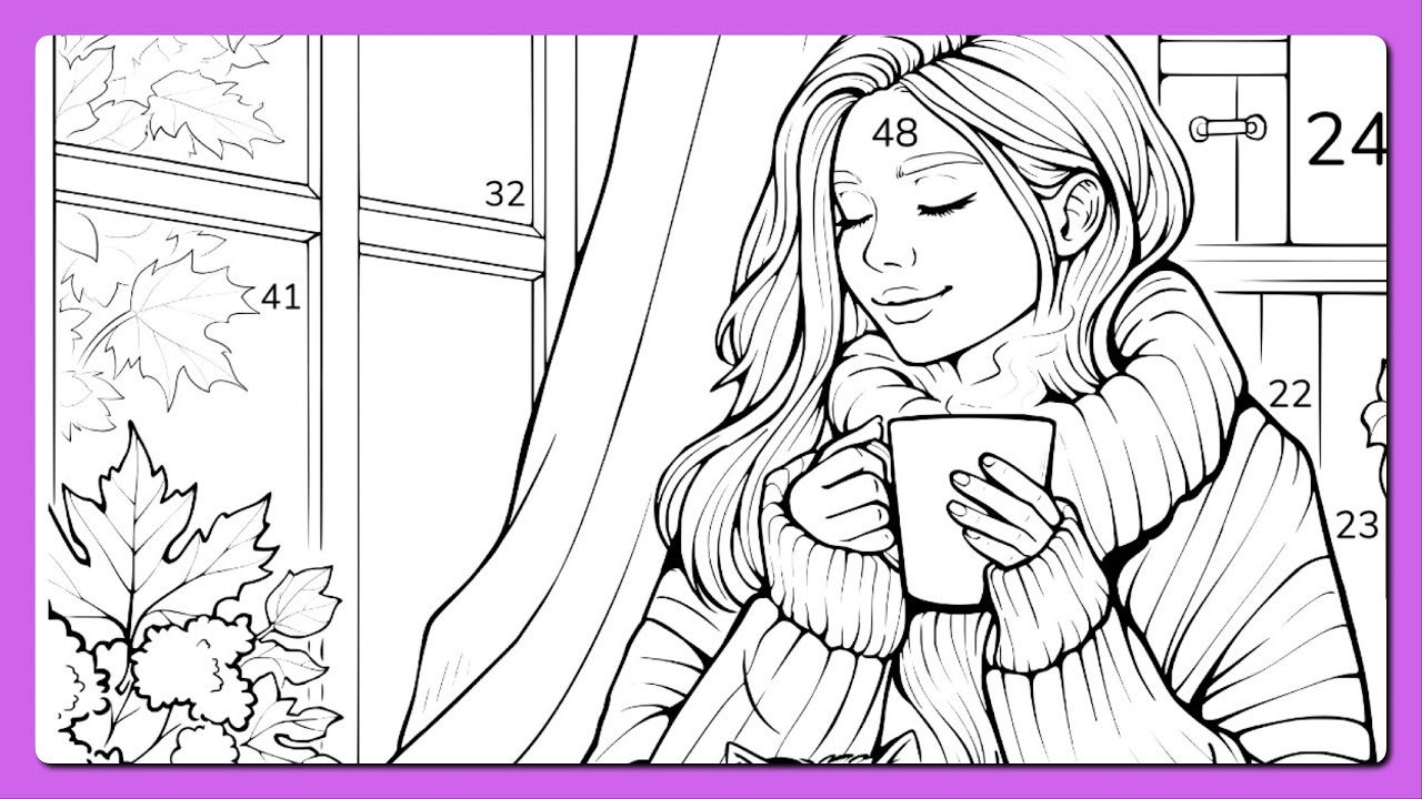 Раскраска по номерам «Дзен» Женщина пьет чай у окна. Обнимашки с кошкой. 