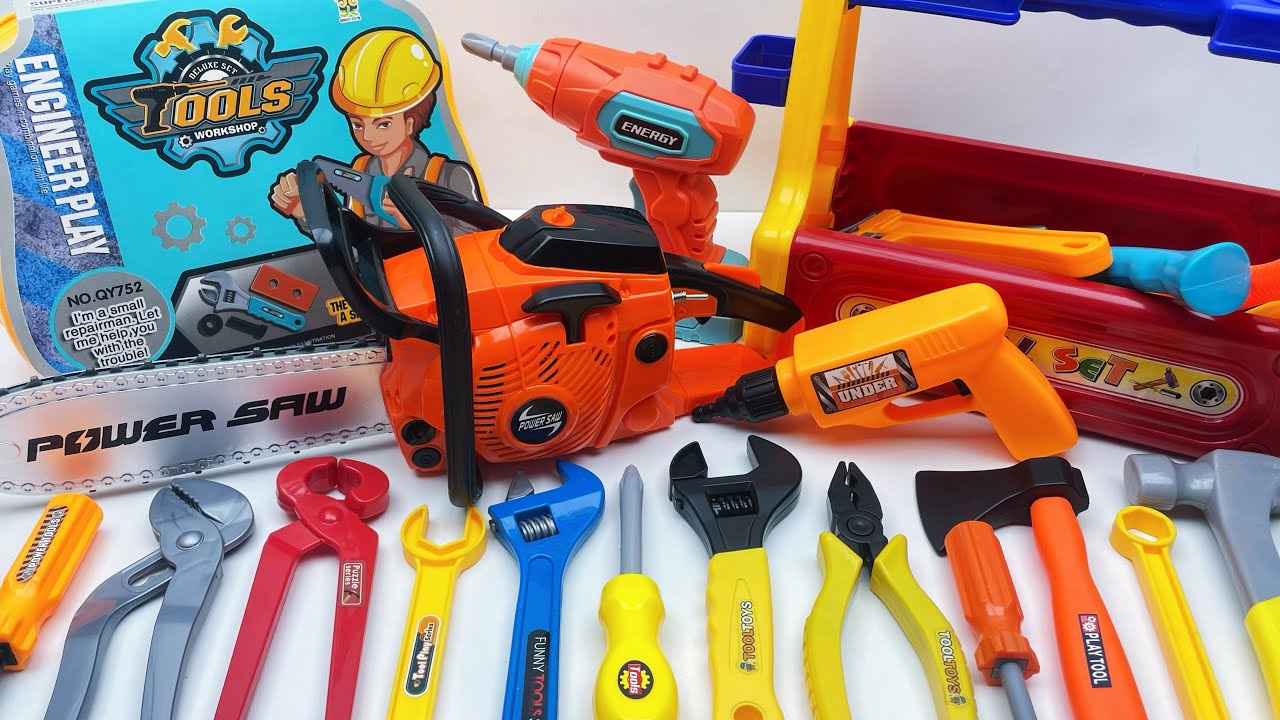 9 minutes Unboxing a collection of power tools: electric drills, wrenches, hammers, axes, ASMR 