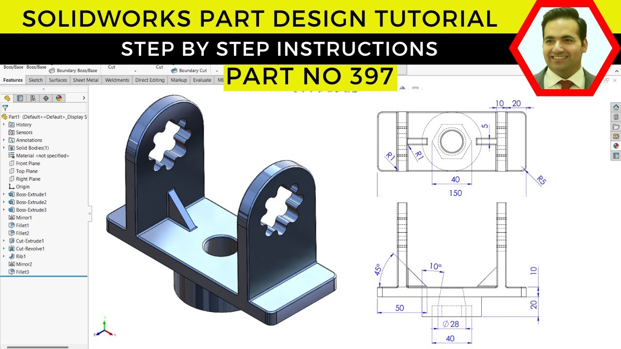 SolidWorks Tutorial | Mechanical Part Design with Revolved Cut, Ribs ...