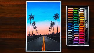 Palm Trees Road At Sunset | Soft Pastel Drawing