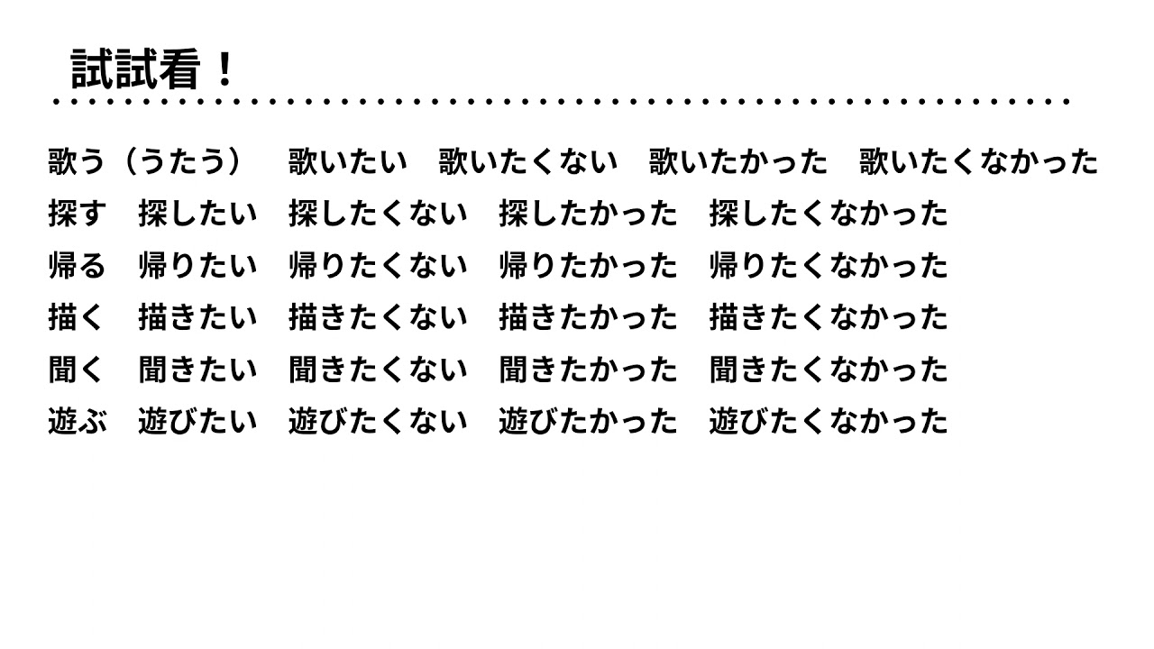 日文n5文法 將動詞變化成 たい たくない たかった たくなかった 練習題解答想唱歌 不想唱歌 Youtube