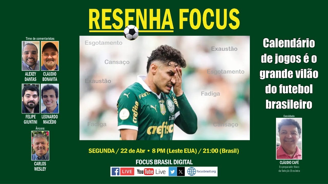 RESENHA FOCUS | Calendário de jogos é o grande vilão do futebol brasileiro

⚽Jogadores e Técnicos reclamam a maratona de jogos;; 
⚽BOTAFOGO passa por cima do Juventude com golaço e vai para o G-4;
⚽VAR anula gol do Vasco;
⚽Novidades sobre o julgamento do Gabigol;
⚽de 29 contratações no último dia de transferências;
⚽Isso e muito mais! 

Convidado especial, o ex-preparador físico da Seleção Brasileira, CLÁUDIO CAFÉ e nossa bancada de comentaristas: Alexey Dantas (Advogado especializado em Direito Desportivo), Cláudio Bonavita (Técnico de Futebol), Felipe Giuntini (Produtor de TV e cineasta) e Leonardo Macêdo (Comentarista da coluna No Ângulo do Gol).

SEGUNDA-FEIRA 📅Dia 22 de ABRIL 
⏰ 8:00PM (EST) | 21:00H (BRA) 

Assista nas plataformas #focusbrasidigital : 
👉 https://www.youtube.com/@focusbrasil
👉 https://www.facebook.com/focusbrasilorg
👉 https://www.instagram.com/focusbrasilfoundation  
👉 https://www.twitter.com/focusbrasil    
👉 Site https://www.focusbrasil.org

Patrocínio: IMPACTO ACADÊMICO - Consultoria Internacional para ingresso nas universidades EUA - https://www.impactoacademico.com/ 

Prestigie 😊 Dê seu LIKE 👍 Compartilhe ⏩ Comente 📝 

#resenhaesportiva #campeonatobrasileiro #brasileirão #copadobrasil #futebol #seleção #torcedor #campeonato #libertadores #botafogo #palmeiras #fluminense #flamengo #corinthians #resenha #soccer

Nossos programas são exibidos através do StreamYard. 
Conheça, e se gostar, ganhe um crédito: https://streamyard.com/pal/d/6454685924327424

Nossos programas são exibidos através do StreamYard. 
Conheça, e se gostar, ganhe um crédito: https://streamyard.com/pal/d/6454685924327424