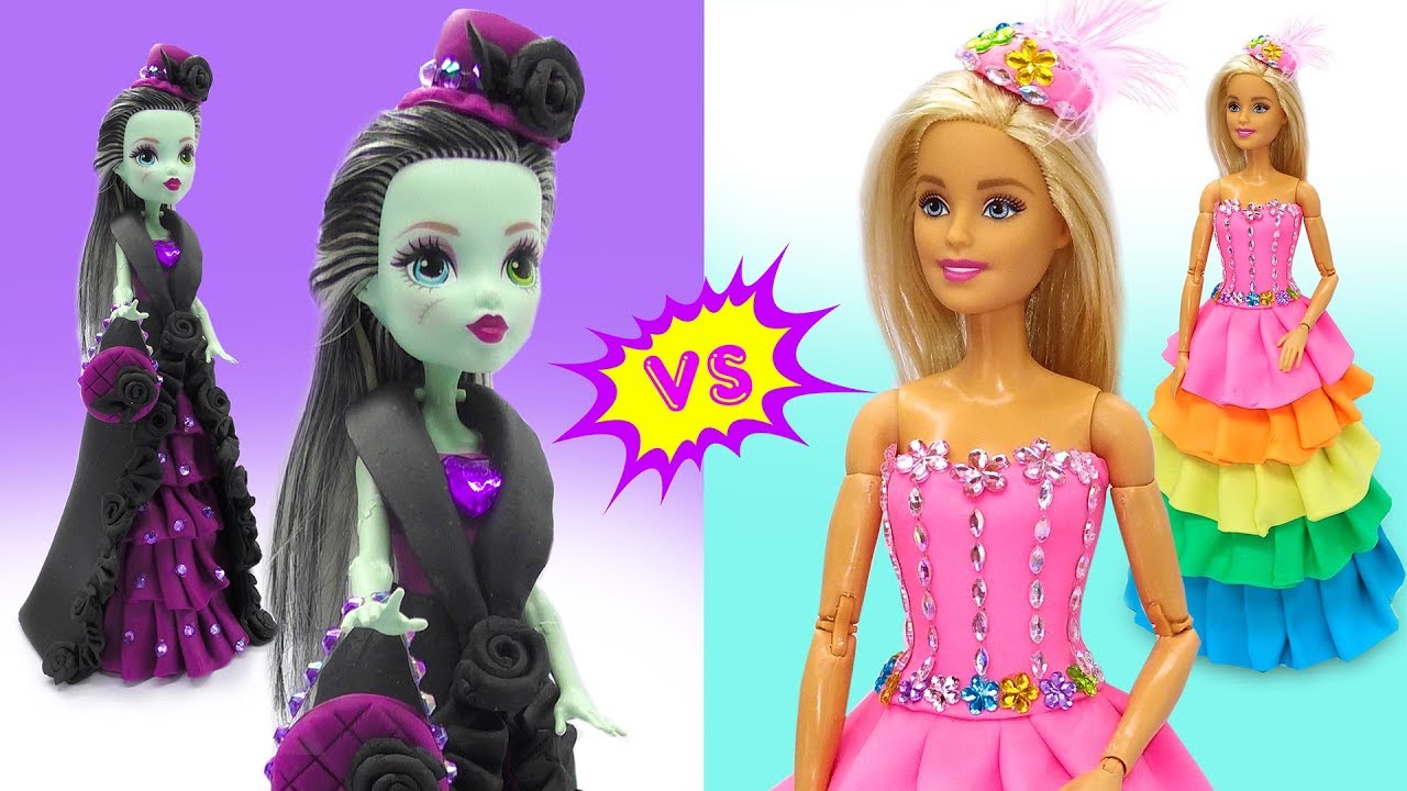 Barbie Dress vs Monster High Doll Dress. DIY Play Doh Dresses