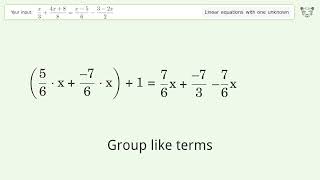 Linear equation with one unknown: Solve x/3+(4x+8)/8=(x-5)/6-(3-2x)/2 step-by-step solution
