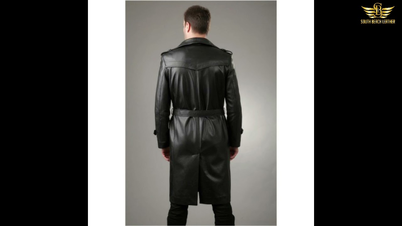 Men's Designer Belted Black Lapel Collar Trench Geniune Leather Coat SouthBeachLeather
