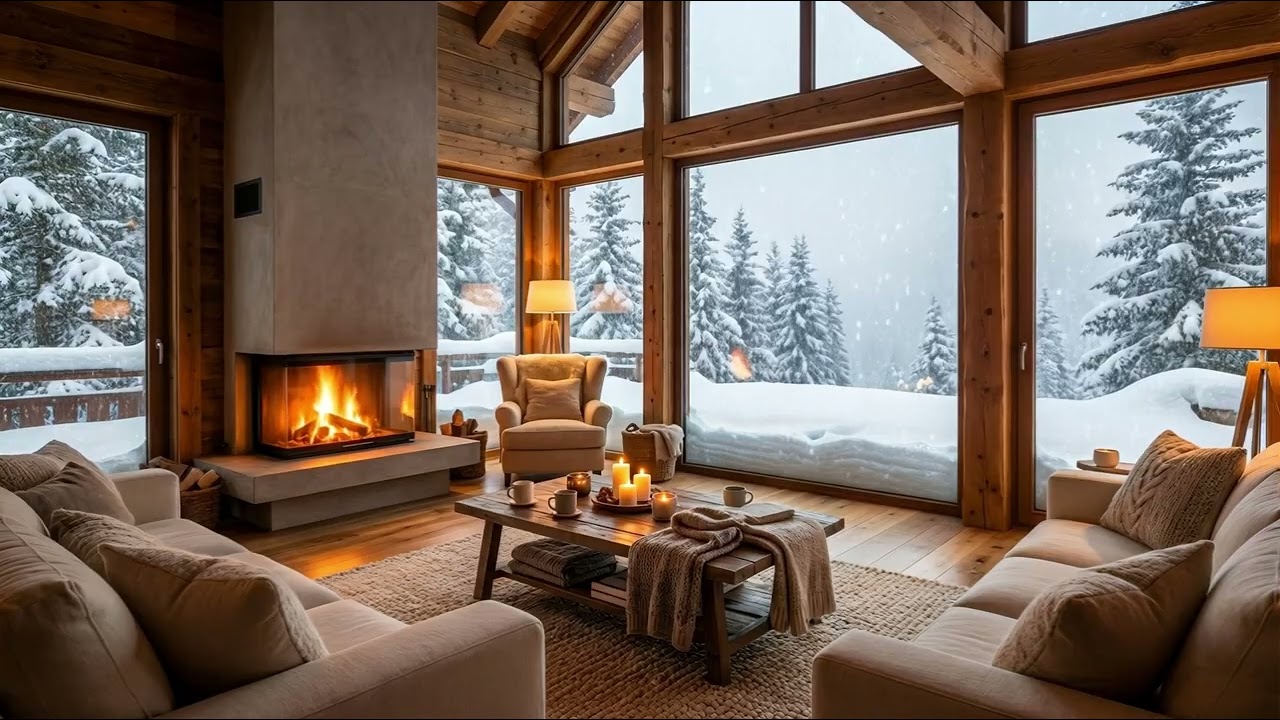 Fireplace Crackling & Snow Falling Outside ❄️🔥 Cozy Winter Ambience Sounds