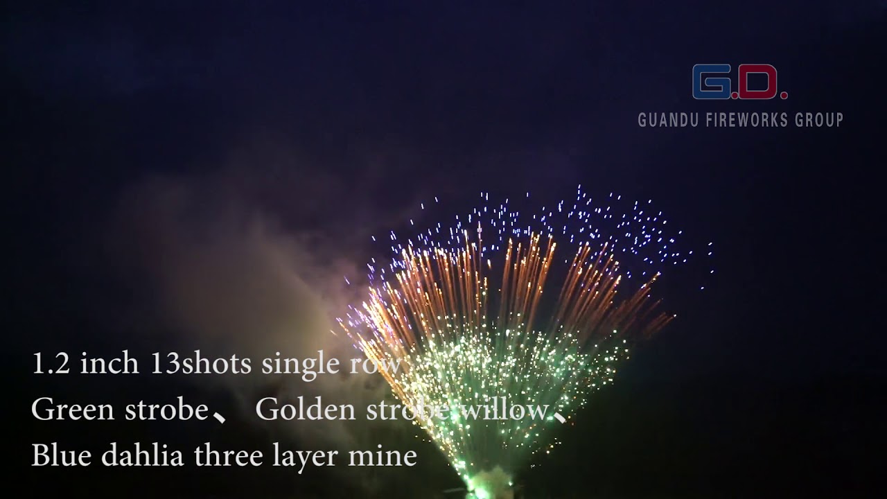 G.D Fireworks 13 shots single row green strobe, golden strobe willow