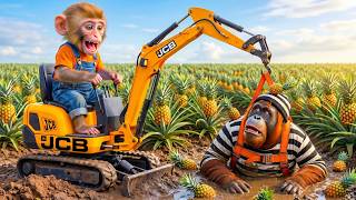 Monkey Drives a JCB Tractor to Harvest Pineapples & Rescue a Thief Trapped in a Dangerous Mud Pond!