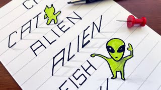 Alien, Cat, Fish 3D Drawing Exercises on Line Paper - Trick Art