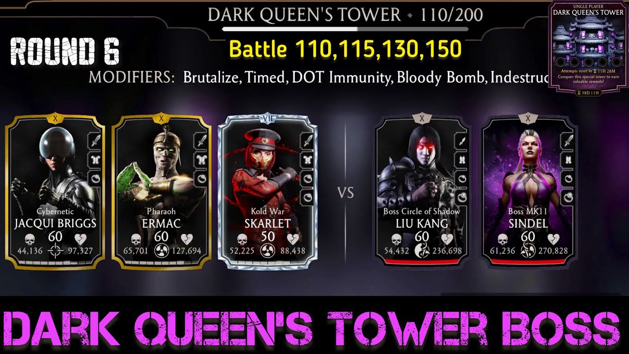 Dark Queen’s Non Fatal Tower Bosses & Hard Battle 110,115,130,150 | Fight + Reward | MK Mobile