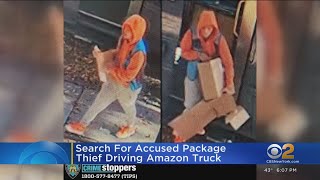 Search for suspected package thief seen driving Amazon truck