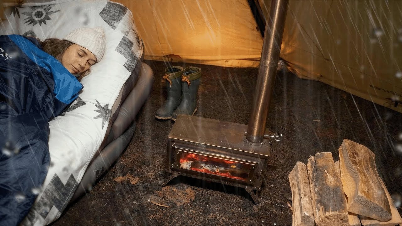SOLO GIRL Rain Camping in a Thunderstorm – Hot Tent Camping in Heavy Rain & Wind