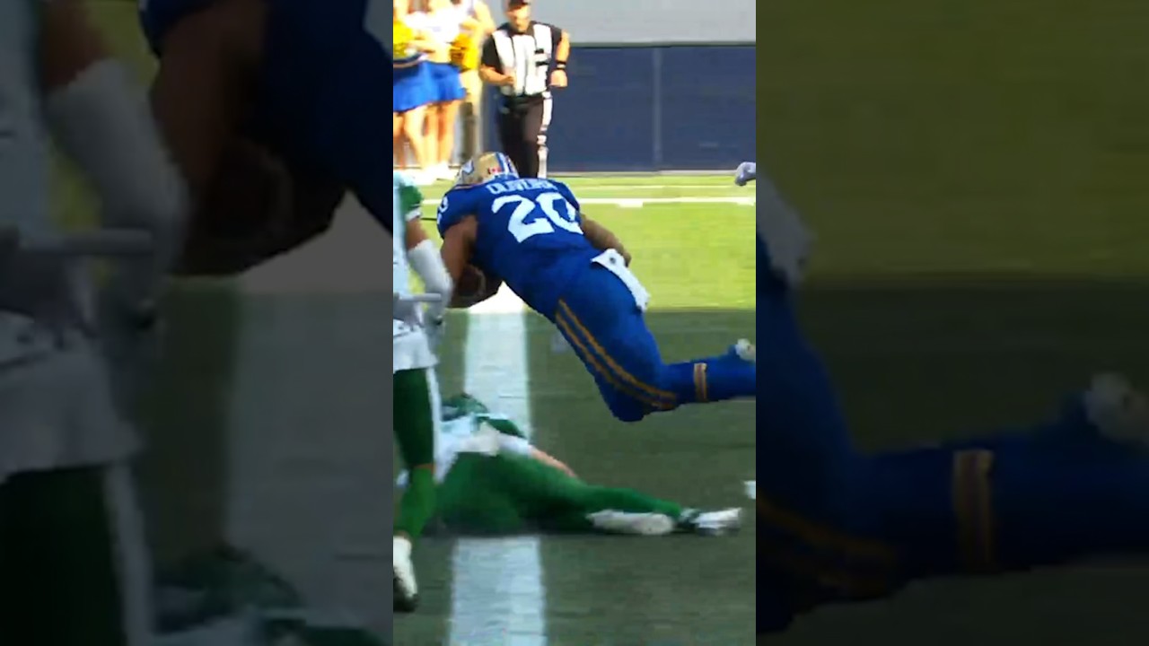 Brady Oliveira launches himself into the end zone for the Winnipeg Blue Bombers touchdown! 