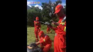 Chinese Firefighters deployed drones to assess the situation at a mudslide-dammed lake in Xizang