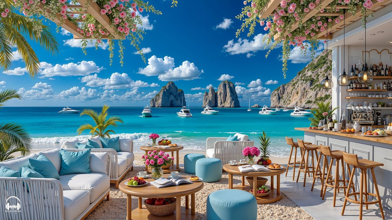 Outdoor Seaside Cafe Ambience 🌊 Bossa Nova Jazz & Ocean Wave Sounds for Relaxing, Working, Studying