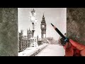 Winter season city Landscape drawing // Westminster bridge Landscape pencil drawing //