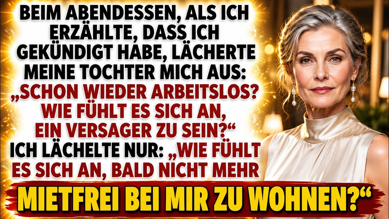 Ich legte mein Besteck weg und lächelte – mitten beim Abendessen mit meiner Tochter und ihren Freunden. Da sagte sie vor allen: „Du bist schon wieder arbeitslos. Wie fühlt es sich an, als...