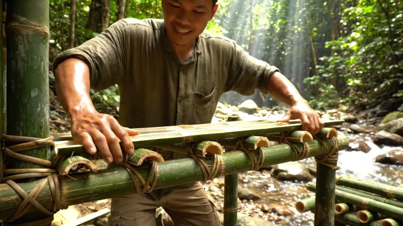 Primitive Bamboo Construction | Two-Level Jungle House with Water Cooling Deck