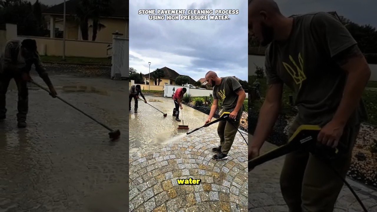 Процесс очистки каменной брусчатки с помощью воды под высоким давлением | Обучающее видео.