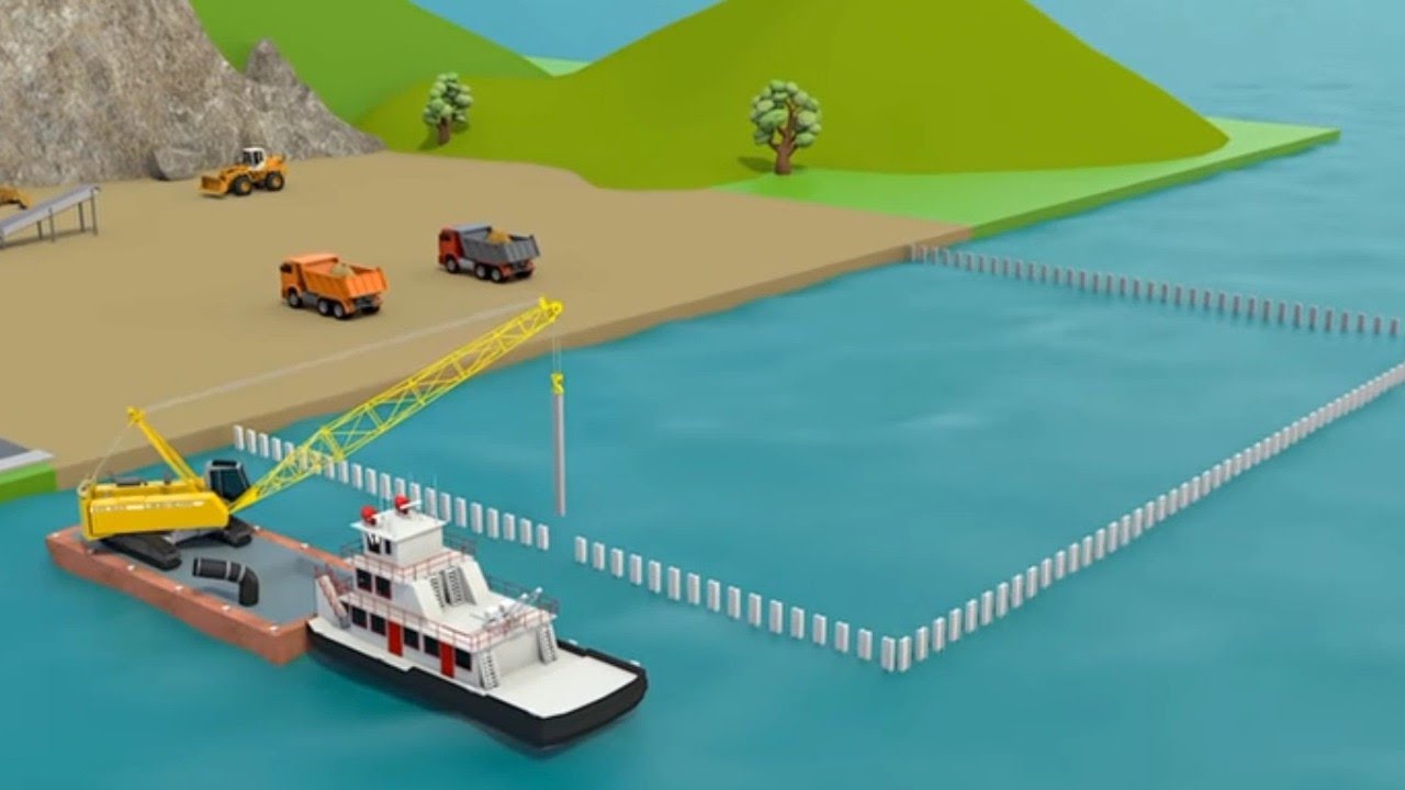 Dump trucks and crawale crane trucks for kids sea port Harbor construction