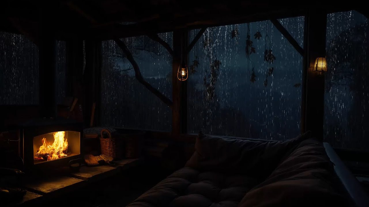 Relaxing Rain and Fireplace Sounds in Cozy Cabin Night for Sleep and ...