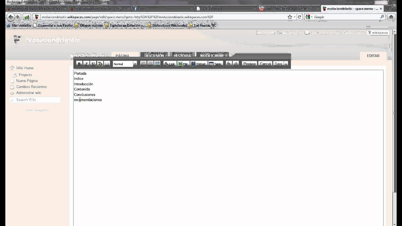 Crear Menu de Navegacion en una Wiki en Wikispaces - YouTube