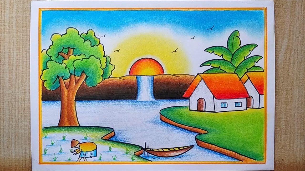 Paddy field with Farmer Scenery Drawing easy| Village scenery drawing ...