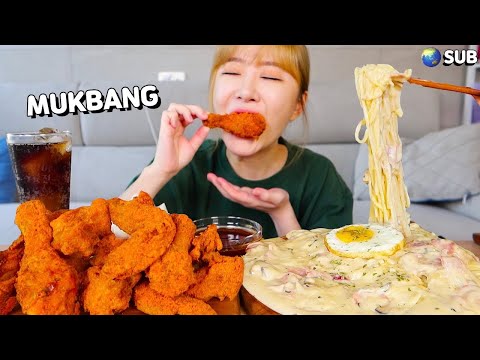 Spicy chicken, Bacon <strong>carbonara</strong> MUKBANG