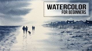 Easy Watercolor Monochrome Beach Landscape Tutorial For Beginners