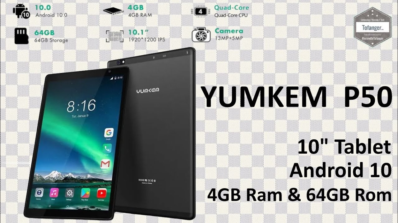 YUMKEM Tablette Android IPS 1280P HD Écran, Tablette 10 Pouces