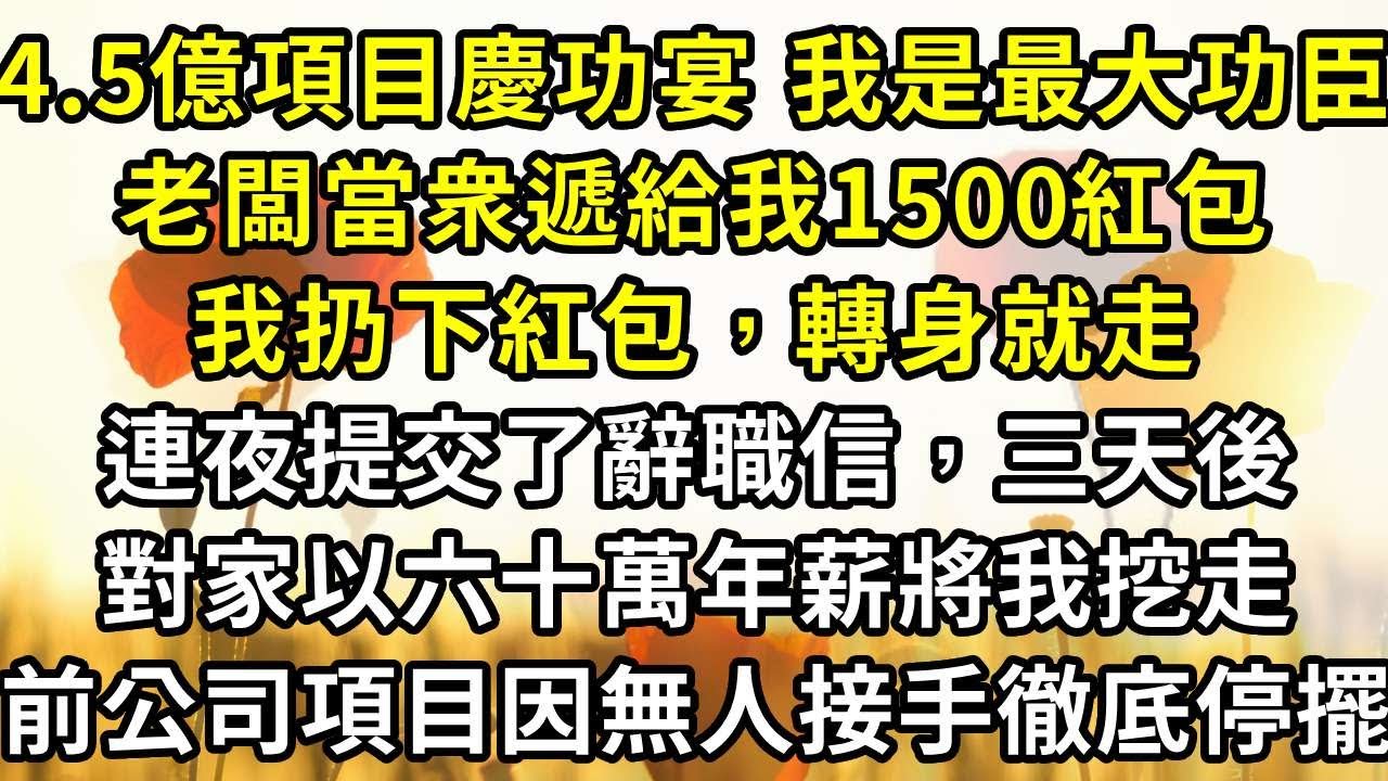 4.5億項目慶功宴，我是最大功臣，老闆當衆遞給我1500紅包，我扔下紅包，轉身就走，連夜提交了辭職信。三天後，對家以六十萬年薪將我挖走，前公司項目因無人接手徹底停擺
