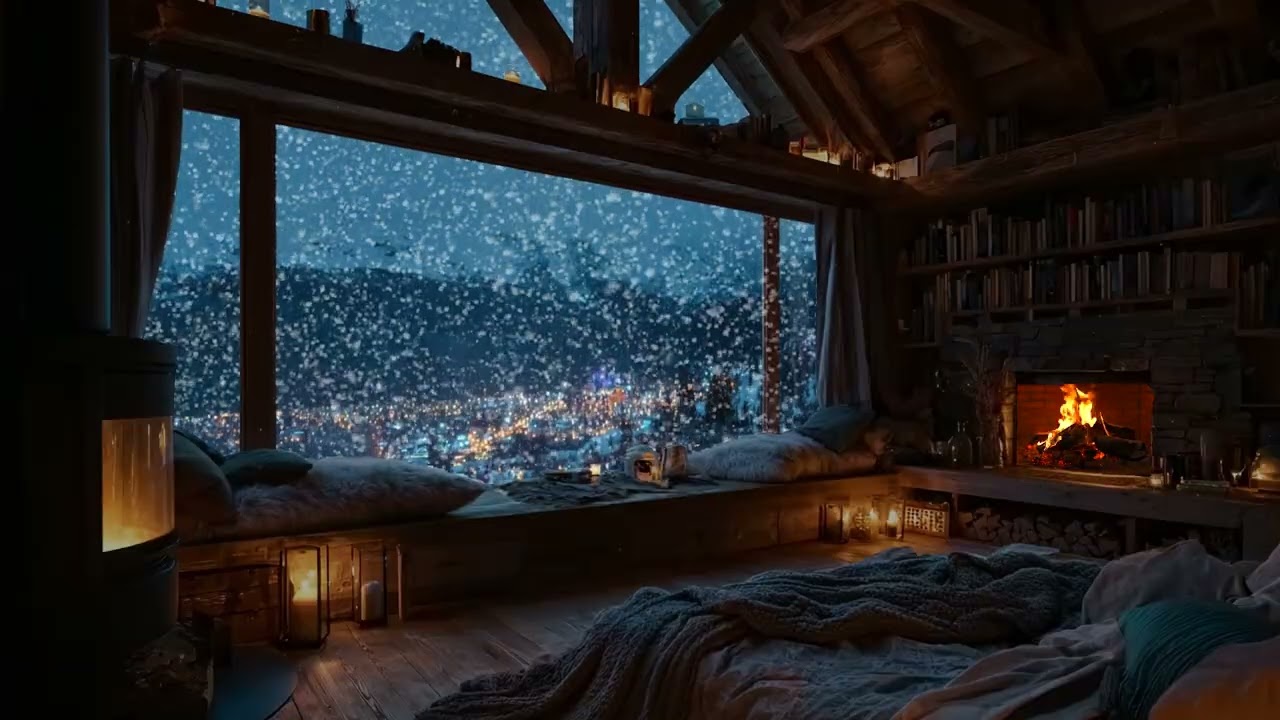 Cozy Cabin Fireplace Ambience with Heavy Snow ASMR