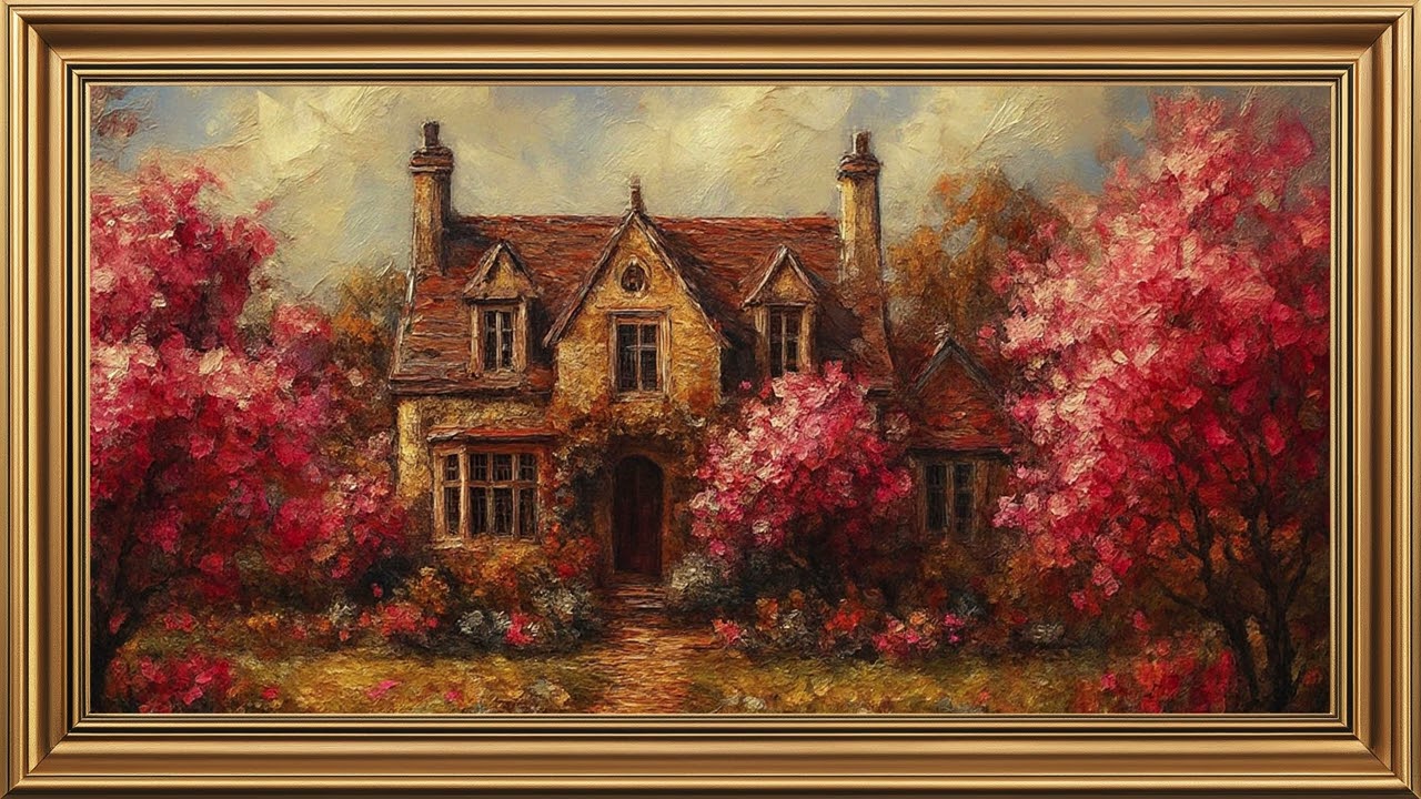 Rose Arbor Cottage Garden, Vintage Impressionist Oil Painting | Gold Framed TV Art Screensaver .