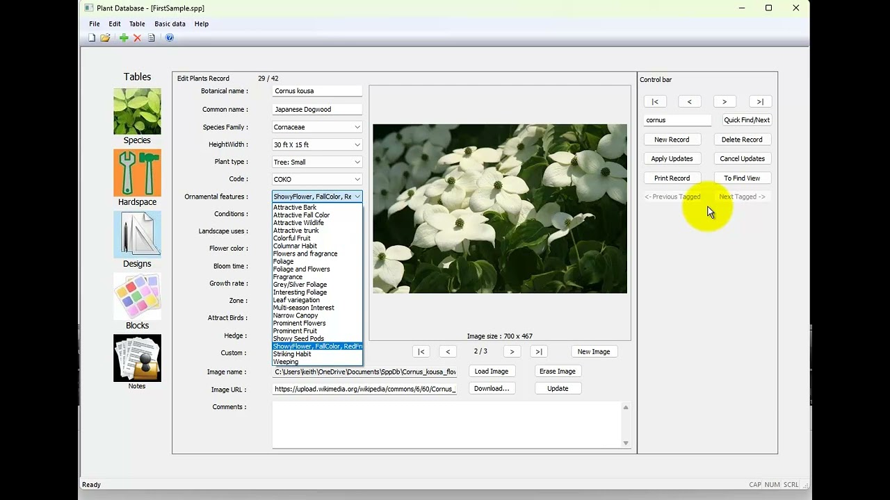 Store multiple critera about an entry in the SppDb a plant database file.