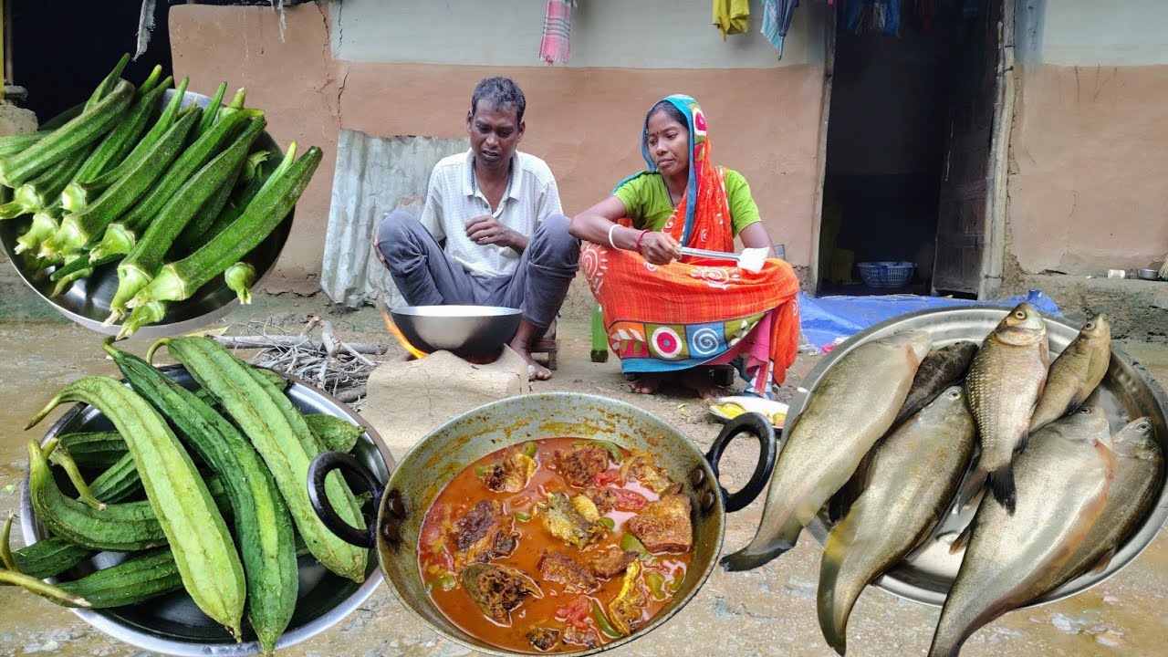 how to cooking and eating foli FISH CURRY with LOT Jhinga|Ladyfinger fry|tribe village lifestyle