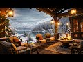 Cozy winter porch ambience  warm piano jazz music and crackling fireplace on a snowy day for relax