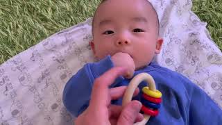 生後3ヶ月 木のガラガラ(ネフ)をつかむ・振る・落とす