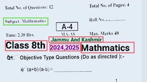 Class 8th Mathematics Question Paper|Math Question Paper Class 8th||JK Student Alert