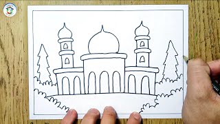 Drawing a Mosque Easily, Simply, and Beautifully with 12 Colored Crayons
