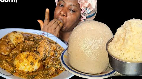 African food mukbang/ oatmeal fufu with White rice and ogbono and egusi soup/ eating Sound mukbang