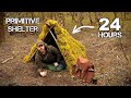 24 HOURS: Sleeping in Primitive Bushcraft Shelter | Surviving on Military MRE Rations
