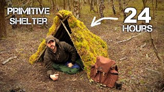 24 HOURS: Sleeping in Primitive Bushcraft Shelter | Surviving on Military MRE Rations