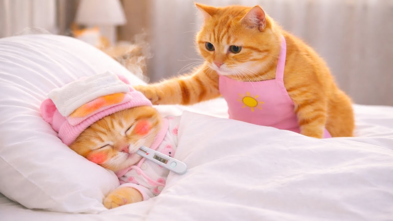 "Little Ginger Has a High Fever 😿💔 Mama Cat Takes Care of Him 🐾💖"