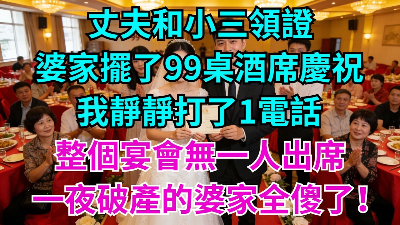 丈夫和小三領證，婆家擺了99桌酒席慶祝，我靜靜打了1電話，整個宴會無一人出席，一夜破產的婆家全傻了！#婆媳日常#老公#家庭#生活#故事#情感