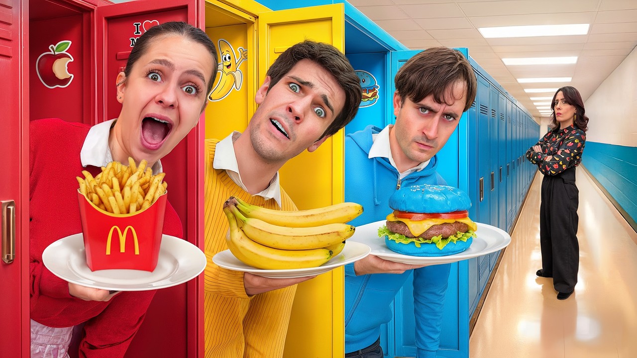 MANGIAMO SOLO CIBO DEL COLORE DELL’ARMADIETTO DELLA SCUOLA PER 24 ORE CHALLENGE!🍟