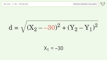 Find the distance between two points p1 (-30,-12) and p2 (36,66): Step-by-Step Video Solution