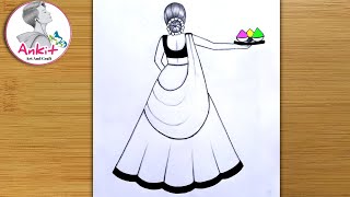 Beautiful Traditional Girl Celebrating Holi Drawing || Easy Drawing | Holi Drawing Easy with pencil