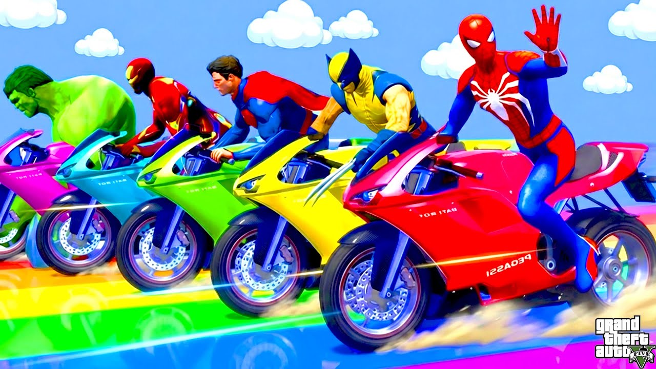 سبايدر مان اصعب دراجة نارية فوق اسماك القرش - Superheroes Ride on Motorcycle Stunt Funny Moments??