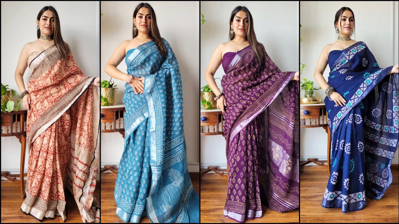Linen Cotton Sarees Online Shopping | Handloom Linen Sarees | Printed Linen Sarees 